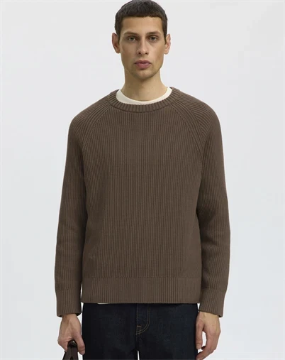 Selected - SLMBraun Rib Crew Strik - Chocolate Chip